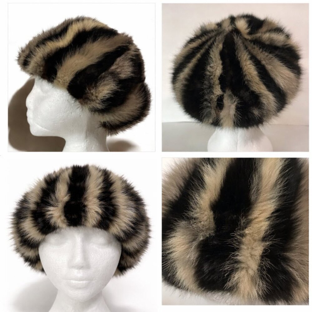 Vintage Striped Genuine Fur Hat Classic Winter State Piece